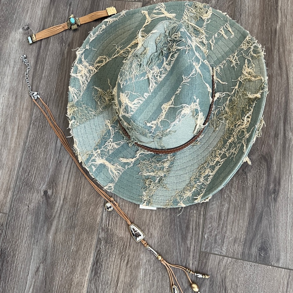 NWT Distressed Denim  Hat with Tan Accents